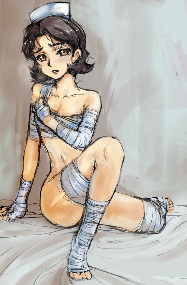 fura, shinozaki sayoko, code geass, 00s, 1girl, bandages, female focus, maid, ninja, sarashi, sketch, solo