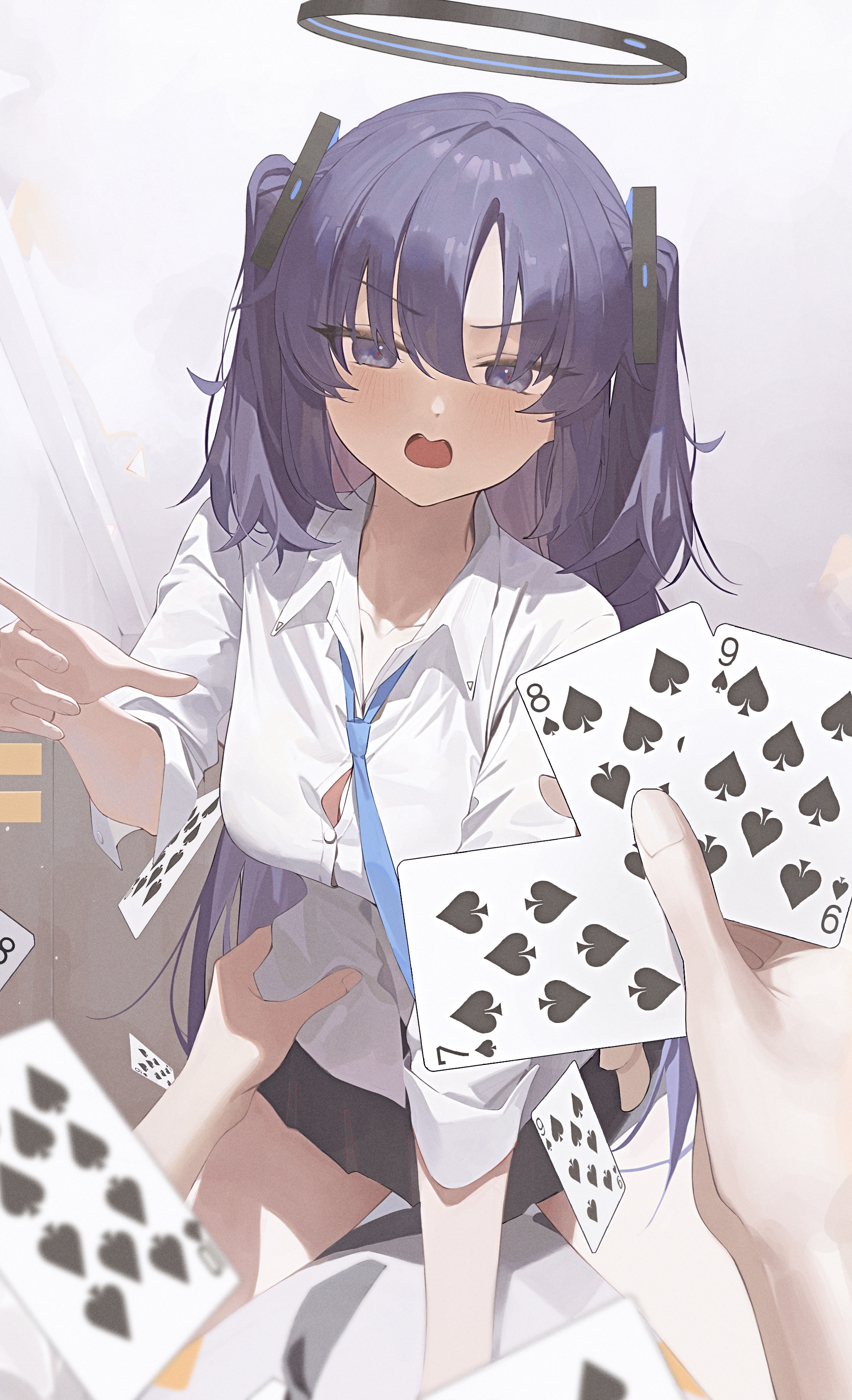 lan001, yuuka (blue archive), blue archive, absurdres, highres, 1girl, black halo, black skirt, blue necktie, card, collared shirt, halo, hand on another's waist, long hair, looking at viewer, mechanical halo, necktie, playing card, pov, purple hair, shirt, skirt, solo focus, two side up, white shirt