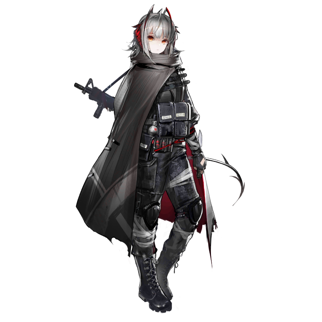 liduke, w (arknights), arknights, official art, third-party source, 1girl, black pants, demon horns, demon tail, full body, horns, looking at viewer, official alternate costume, pants, pouch, red horns, simple background, solo, standing, tachi-e, tail, transparent background, w (mercenary) (arknights)