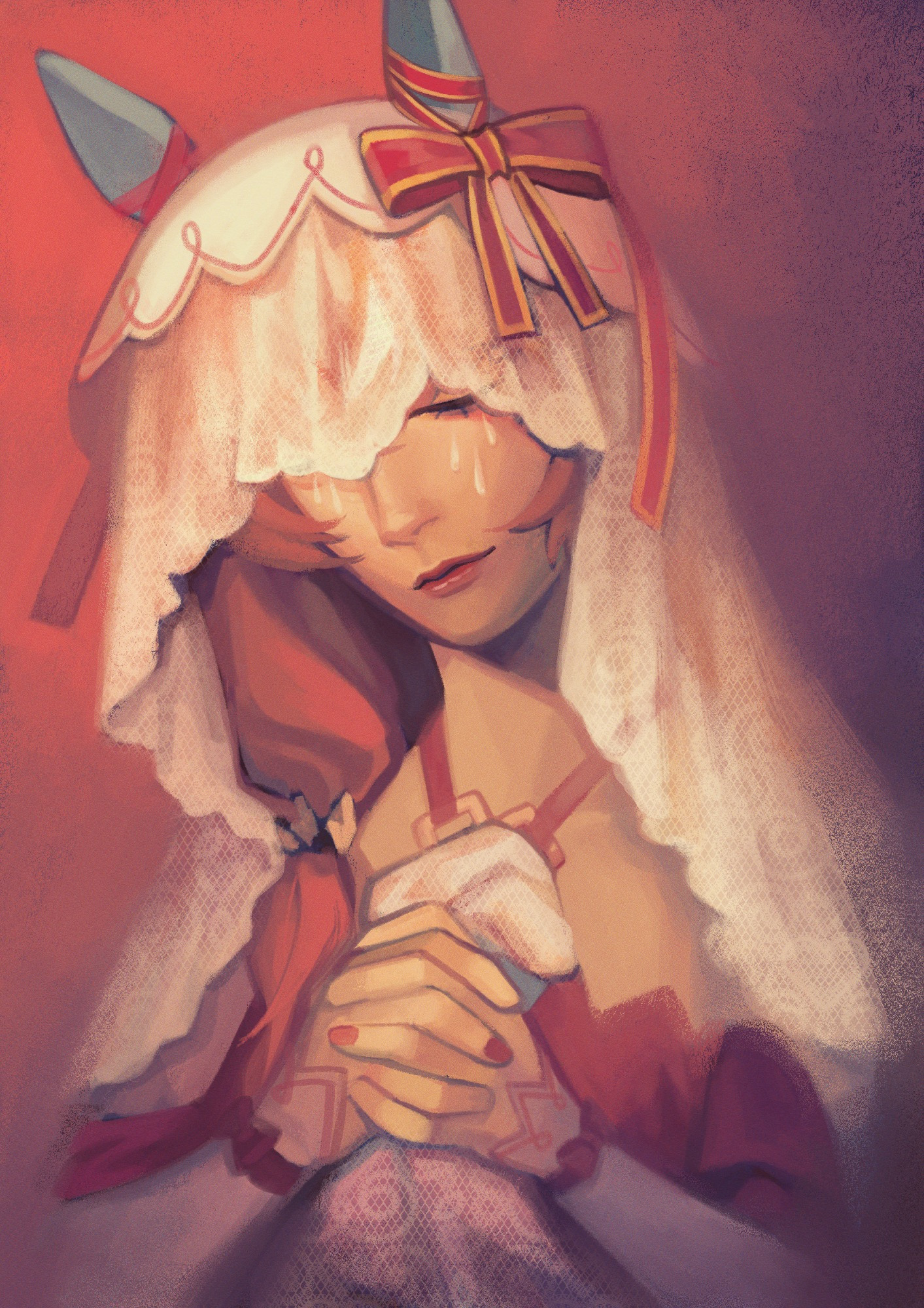 still in love (scarlet vow raiment) (umamusume), still in love (umamusume), virgin mary, umamusume, highres, 1doi-liemkhiet, 1girl, animal ears, bow, braid, bridal veil, brown hair, closed eyes, clutching clothes, crying, dress, fine art parody, headdress, horse ears, horse girl, lace, long hair, long sleeves, off-shoulder dress, off shoulder, painterly, parody, red background, red dress, red lips, red nails, red ribbon, ribbon, simple background, tears, the last painful one, veil