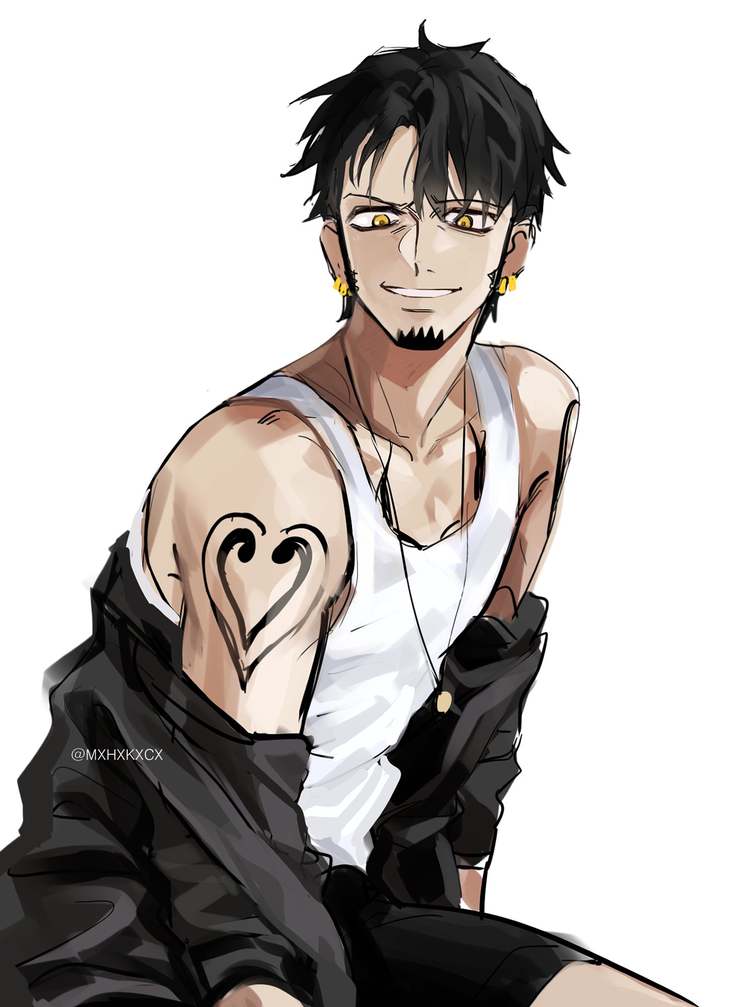 mxhxkxcx, trafalgar law, one piece, commentary request, highres, korean commentary, 1boy, arm tattoo, black hair, black jacket, black shorts, earrings, facial hair, goatee, grin, hair between eyes, heart, heart tattoo, jacket, jewelry, looking at viewer, male focus, shorts, simple background, sitting, smile, solo, tank top, tattoo, white background, white tank top, yellow eyes