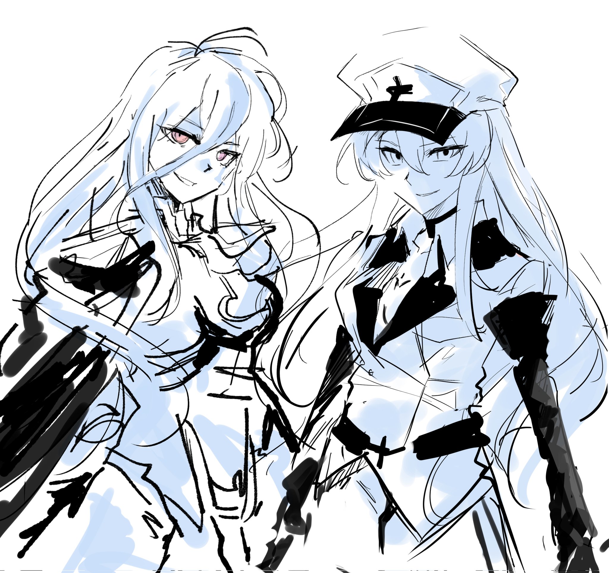 esdeath, v'ehxness, akame ga kill!, the hundred line -last defense academy-, highres, 2girls, armor, bodysuit, cape, crossover, facial mark, hat, heterochromia, long hair, military hat, military uniform, mol 016, monochrome, multiple girls, purple eyes, red eyes, sketch, spot color, white background, white hair