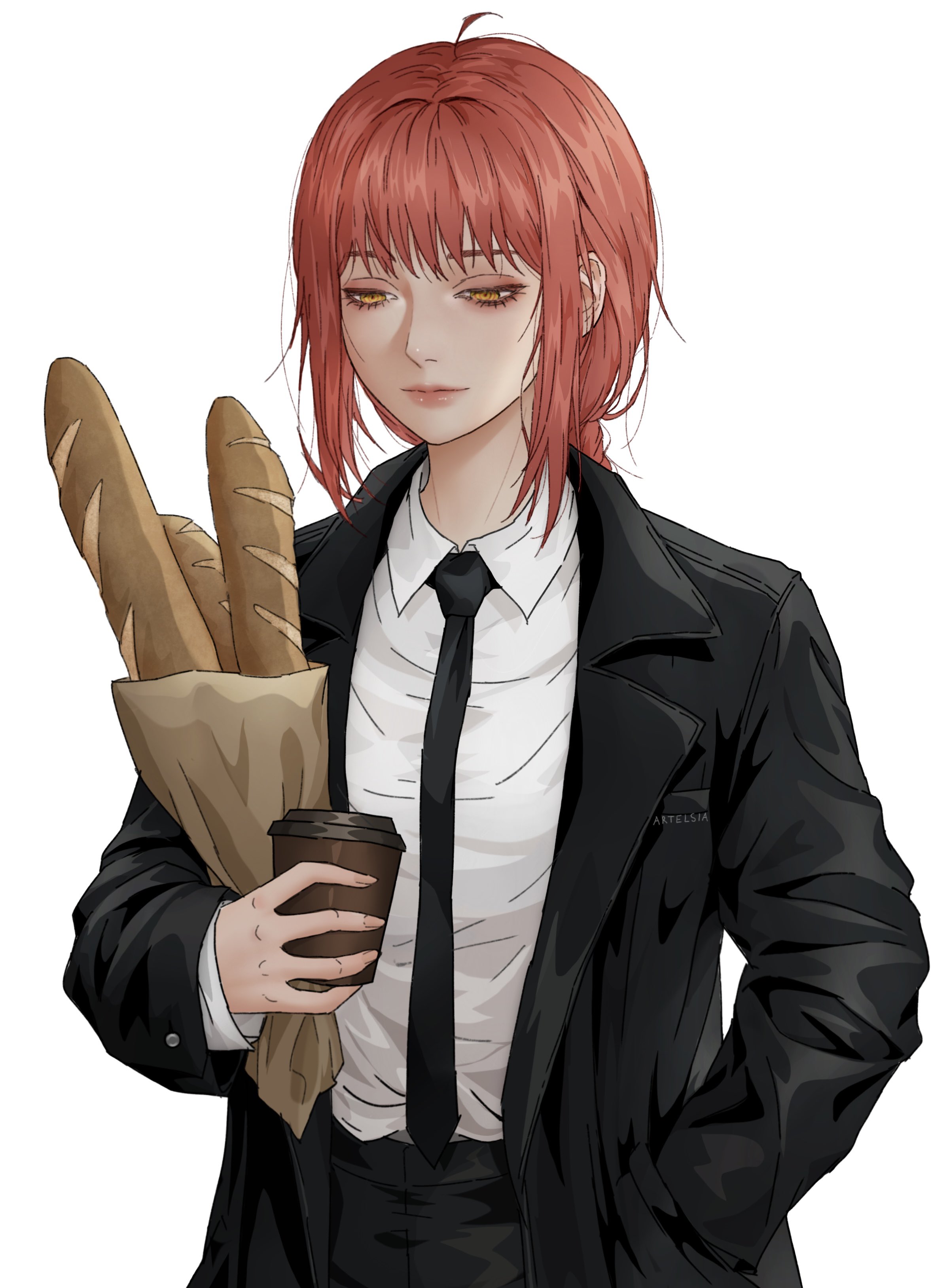 artelsia, makima (chainsaw man), chainsaw man, absurdres, commentary, english commentary, highres, 1girl, artist name, bag, baguette, black jacket, black necktie, black pants, braid, braided ponytail, bread, closed mouth, cup, disposable coffee cup, disposable cup, food, hand in pocket, holding, holding bag, holding cup, jacket, long sleeves, looking down, necktie, pants, paper bag, red hair, ringed eyes, shirt, shirt tucked in, simple background, solo, upper body, white background, white shirt, yellow eyes