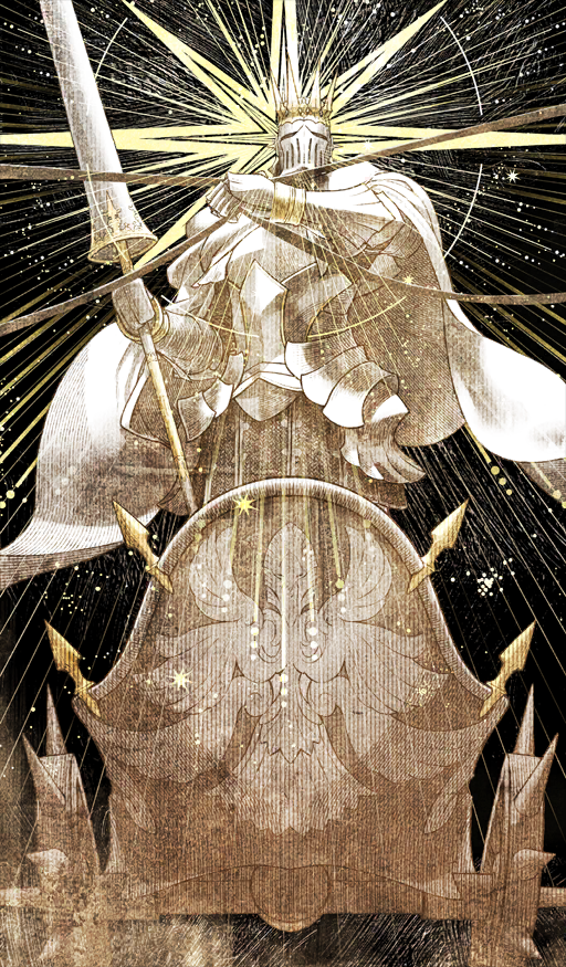 sakamoto mineji, fate/grand order, fate (series), commentary request, game cg, official art, third-party source, 1other, ambiguous gender, armor, black background, cape, chariot, covered face, crown, full armor, full body, holding, holding polearm, holding reins, holding weapon, other focus, polearm, reins, solo, weapon