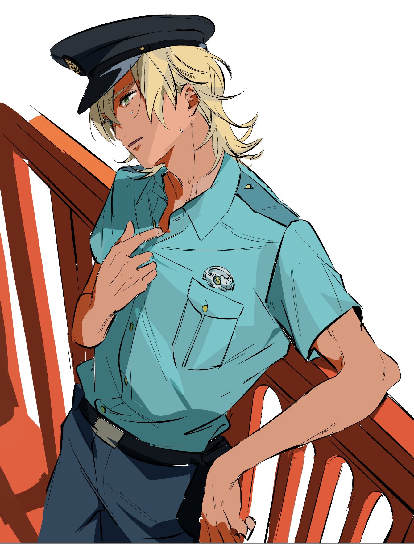 niiboshi reo, sarazanmai, highres, 1boy, adam's apple, belt, black belt, blonde hair, blue pants, blue shirt, collared shirt, hat, male focus, pants, police, police hat, police uniform, railing, shaaark rotta03, shirt, short hair, short sleeves, solo, sweat, white background