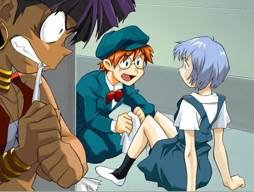 ayanami rei, jean roque raltique, nadia la arwall, fushigi no umi no nadia, gainax, neon genesis evangelion, lowres, 1990s (style), 1boy, 2girls, angry, bandeau bikini, blue hair, brown hair, cheating (relationship), crossover, flirting, glasses, handkerchief, hat, jealous, multiple girls, purple hair, retro artstyle, school uniform, skirt