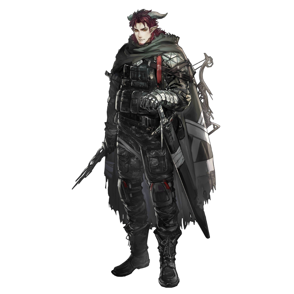 ryuuzaki ichi, hoederer (arknights), arknights, official art, third-party source, 1boy, black pants, demon horns, full body, hoederer (mercenary) (arknights), horns, looking at viewer, male focus, medium hair, official alternate costume, pants, red eyes, red hair, simple background, solo, standing, tachi-e, transparent background