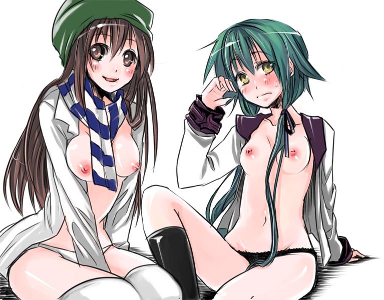 kaida michi, original, bad id, bad pixiv id, 2girls, blush, breasts, brown eyes, brown hair, green hair, hat, kneeling, long hair, medium breasts, multiple girls, nipples, no bra, open clothes, open shirt, panties, scarf, school uniform, serafuku, shirt, short hair, small breasts, socks, striped clothes, striped scarf, thighhighs, underwear, yellow eyes