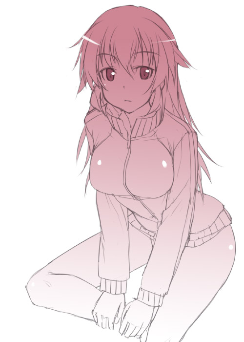 mizuki makoto, charlotte e. yeager, strike witches, world witches series, 00s, 1girl, breasts, female focus, large breasts, monochrome, pink theme, sketch, solo