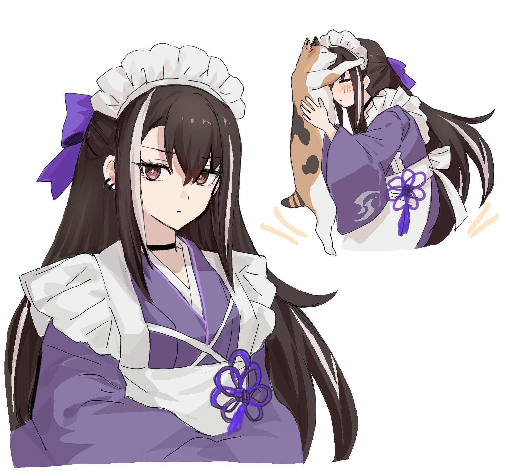 nekwnek, fate/grand order, fate (series), highres, 1girl, apron, black hair, blush, brown eyes, cat, ear piercing, japanese clothes, kawakami gensai (fate), kimono, long hair, maid, maid apron, multicolored hair, piercing, purple kimono, streaked hair, wa maid, wide sleeves