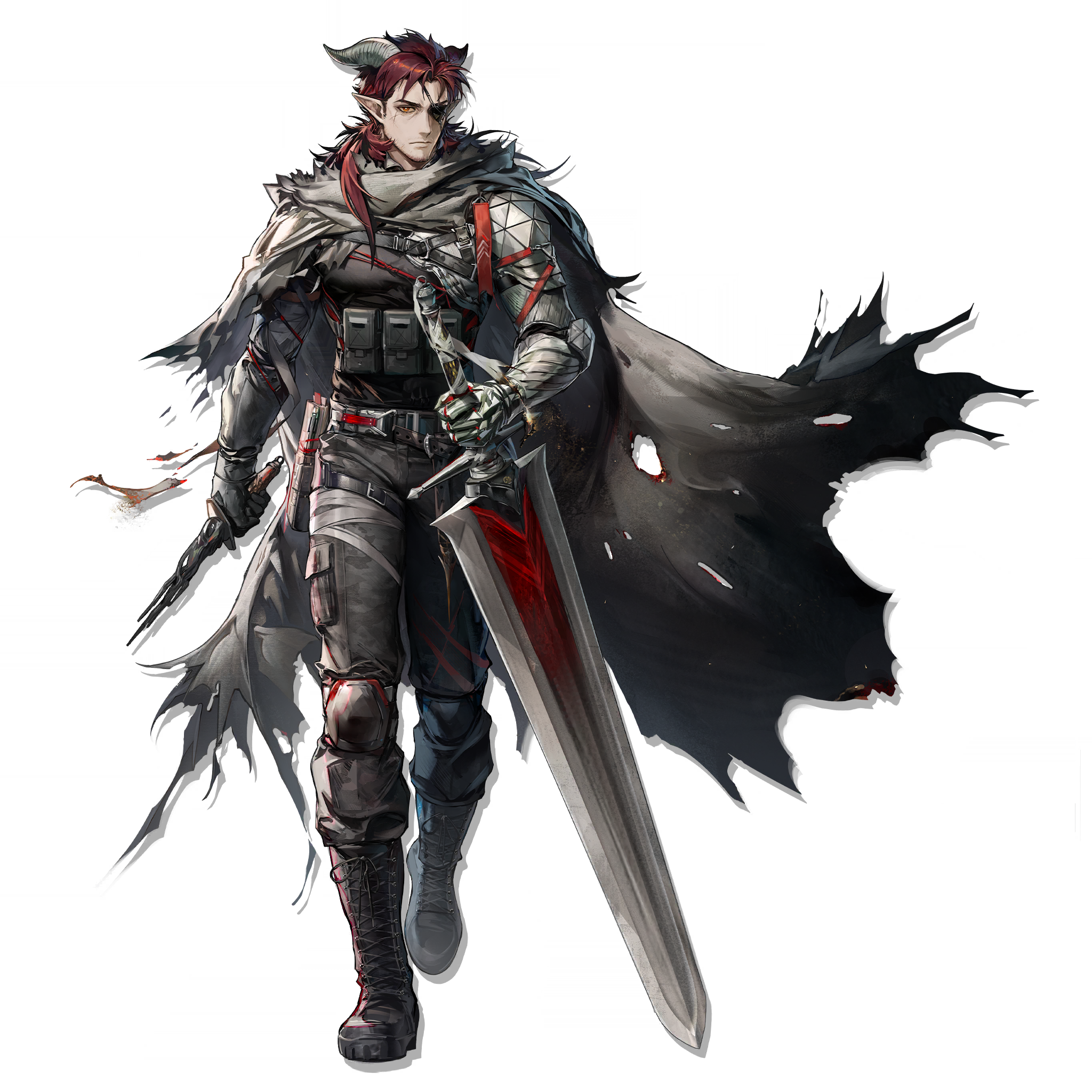 shutun, hoederer (arknights), arknights, highres, official art, third-party source, 1boy, black pants, demon horns, eyepatch, full body, horns, looking at viewer, male focus, one eye covered, pants, red eyes, red hair, short hair with long locks, simple background, solo, standing, tachi-e, transparent background