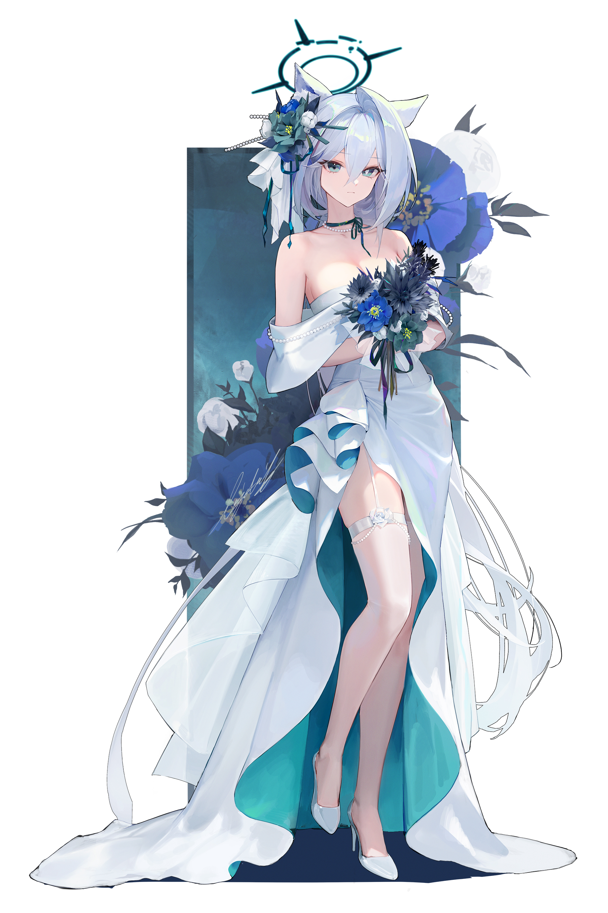 lizchief, shiroko terror (blue archive), blue archive, absurdres, bilingual commentary, commentary, english commentary, highres, mixed-language commentary, 1girl, animal ears, bead necklace, beads, black flower, blue eyes, blue flower, bouquet, breasts, cleavage, closed mouth, dark halo, dress, flower, green flower, grey hair, hair between eyes, hair flower, hair ornament, halo, holding, holding bouquet, jewelry, long hair, looking at viewer, medium breasts, mismatched pupils, necklace, off-shoulder dress, off shoulder, pearl necklace, signature, solo, strapless, strapless dress, white dress, white flower, wolf ears