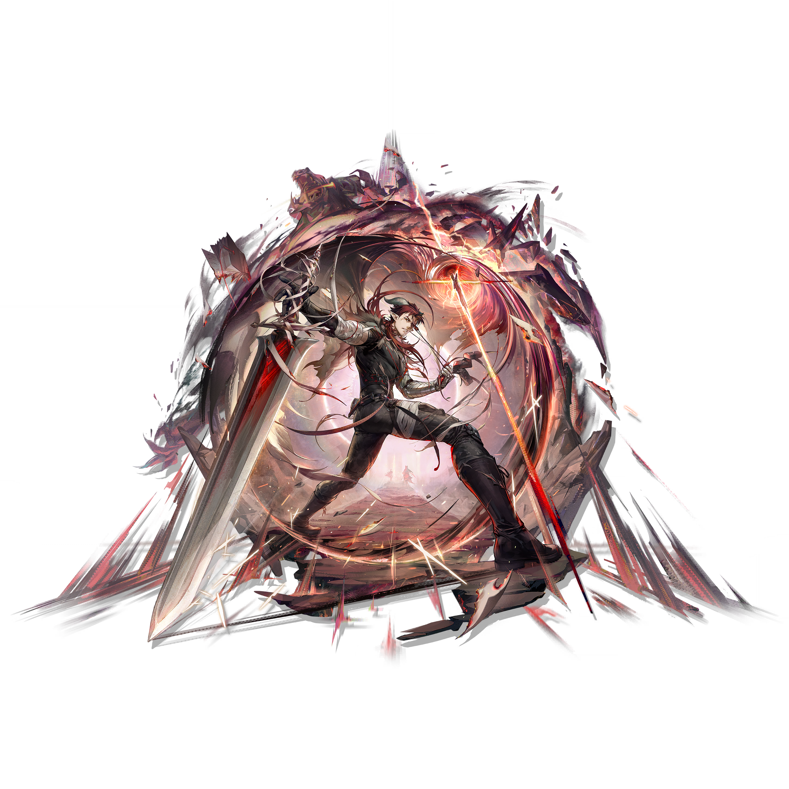shutun, hoederer (arknights), ines (arknights), w (arknights), arknights, absurdres, highres, official art, third-party source, 1boy, 2girls, black pants, demon horns, eyepatch, eyepatch pull, full body, horns, looking at viewer, male focus, multiple girls, pants, red eyes, red hair, red theme, short hair with long locks, simple background, solo focus, transparent background