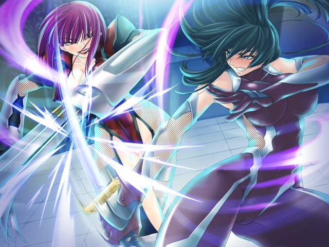 kagami hirotaka, igawa asagi, oboro (taimanin asagi), taimanin (series), taimanin asagi, game cg, 00s, 2girls, angry, arched back, arena, armor, bare shoulders, battle, black hair, blue eyes, blush, bob cut, bodysuit, breasts, cameltoe, claw (weapon), claws, cleavage, cleft of venus, clenched teeth, covered navel, cowboy shot, duel, elbow gloves, evil grin, evil smile, eye contact, fighting stance, fishnets, floating hair, gauntlets, gloves, glowing, grin, hair between eyes, impossible bodysuit, impossible clothes, indoors, katana, large breasts, lips, lipstick, long hair, looking at another, makeup, motion blur, multiple girls, ninja, outstretched arm, puffy sleeves, purple bodysuit, purple eyes, purple gloves, purple hair, pussy, red eyes, red lips, shockwave, shockwaves, short hair, skin tight, smile, standing, sword, teeth, tile floor, tiles, weapon, wide hips