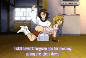 sonsaku goei, sonsaku hakufu, ikkitousen, animated, animated gif, anime screenshot, lowres, 00s, age difference, blonde hair, glasses, mature female, mother and daughter, shorts, spanked, spanking