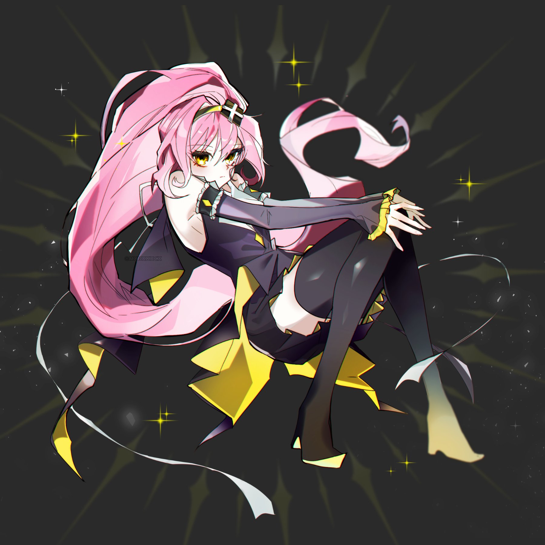 mxhxkxcx, hinamori amu, shugo chara!, commentary, highres, 1girl, black background, black boots, black pantyhose, black shirt, boots, closed mouth, detached sleeves, eyelashes, floating, full body, long hair, pantyhose, pink hair, shirt, solo, thigh boots, very long hair, yellow eyes