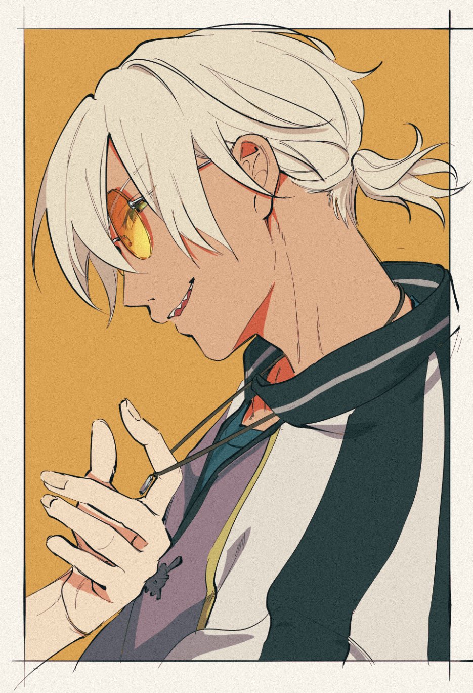 niiboshi reo, sarazanmai, commentary request, highres, 1boy, blonde hair, blue shirt, border, fingernails, jacket, jewelry, looking at viewer, male focus, necklace, necklace pull, open mouth, orange-tinted eyewear, orange background, ponytail, shaaark rotta03, sharp teeth, shirt, short hair, short ponytail, solo, solo focus, tan, teeth, tinted eyewear, upper body, white border