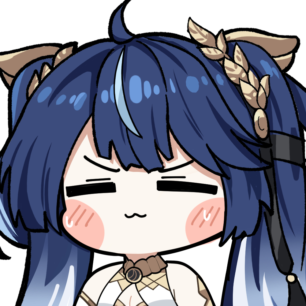 twomoon, iuno (wuthering waves), wuthering waves, commentary, english commentary, 1girl, :3, ahoge, bare shoulders, blue hair, breasts, chibi, chibi only, cleavage, closed eyes, closed mouth, gradient hair, laurel crown, long hair, medium breasts, multicolored hair, portrait, simple background, solo, streaked hair, sweat, twintails, white background