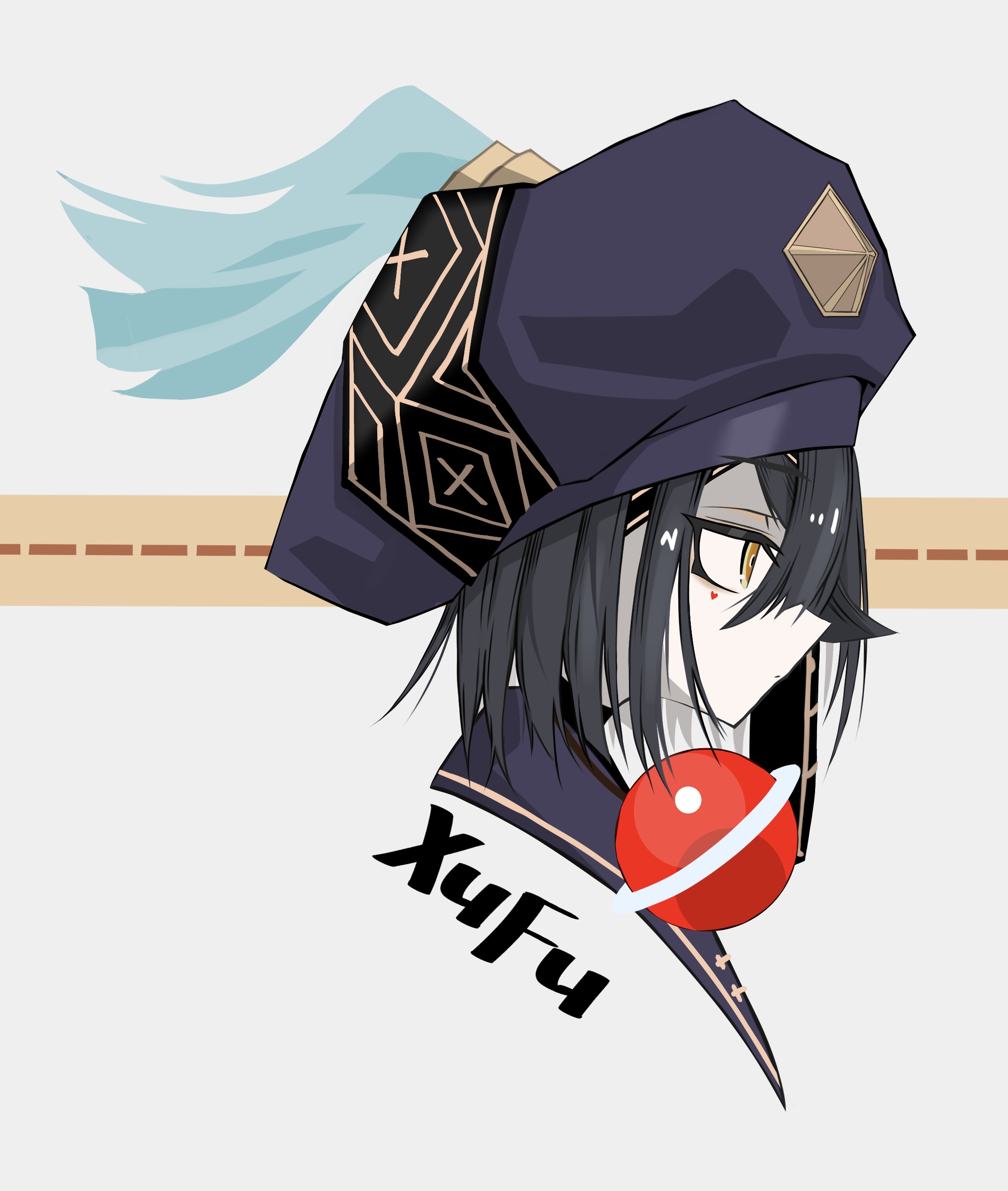 tsukaasa, xu fu (fate), fate/grand order, fate (series), absurdres, commentary request, highres, 1girl, black hair, blue hat, character name, closed mouth, cropped head, from side, grey background, hat, orange eyes, profile, short hair, solo