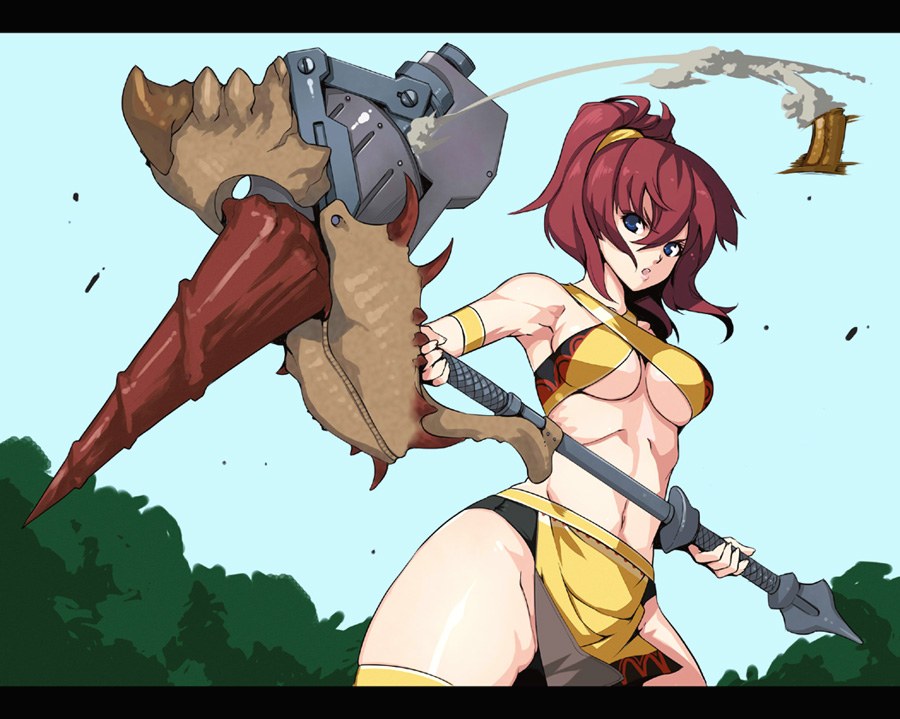 akinaie, capcom, monster hunter (series), 1girl, blue eyes, breasts, cartridge, female focus, hammer, loincloth, medium breasts, midriff, red hair, solo, underboob, war hammer, warhammer, weapon