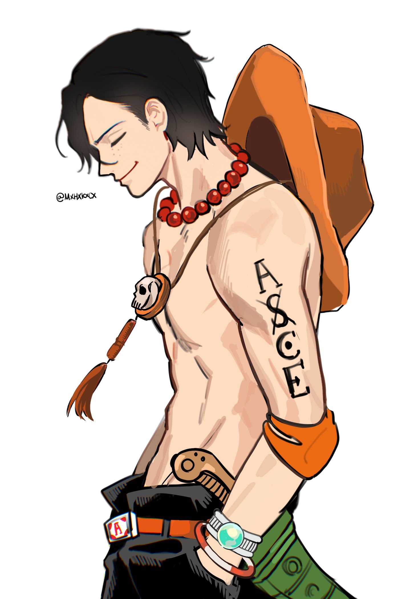 mxhxkxcx, portgas d. ace, one piece, commentary, highres, symbol-only commentary, 1boy, arm tattoo, bead necklace, beads, black hair, black pants, bracelet, closed mouth, from side, hat, hat on back, jewelry, male focus, necklace, orange hat, pants, short hair, simple background, solo, tattoo, topless male, white background
