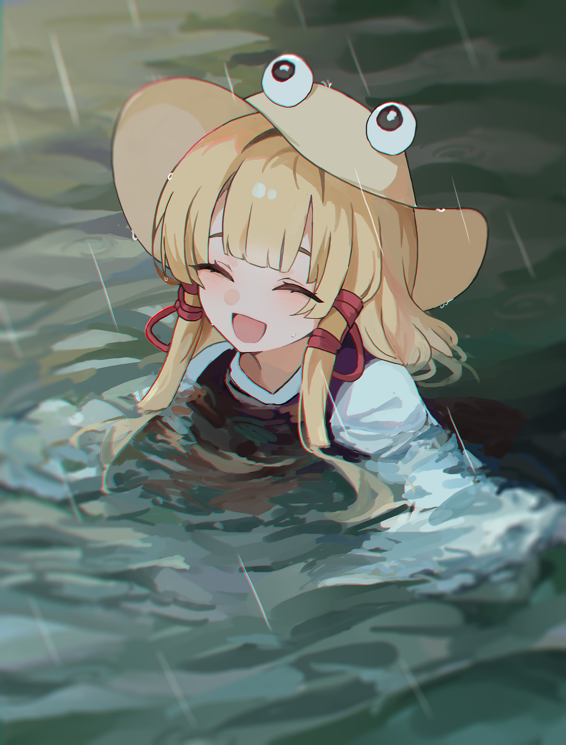 kani nyan, moriya suwako, touhou, absurdres, commentary request, highres, 1girl, :d, ^ ^, blonde hair, brown hat, closed eyes, hair ribbon, hat, long hair, long sleeves, open mouth, partially submerged, purple vest, rain, red ribbon, ribbon, shirt, smile, solo, tress ribbon, vest, water, white shirt