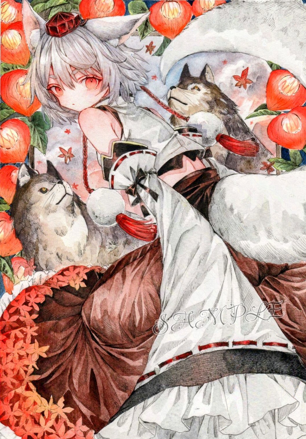 monji (monzi328), inubashiri momiji, touhou, highres, animal ears, bare shoulders, detached sleeves, hat, japanese clothes, long sleeves, midriff, puffy sleeves, red eyes, red hat, sitting, tail, white hair, wolf, wolf girl, wolf tail, yokozuwari