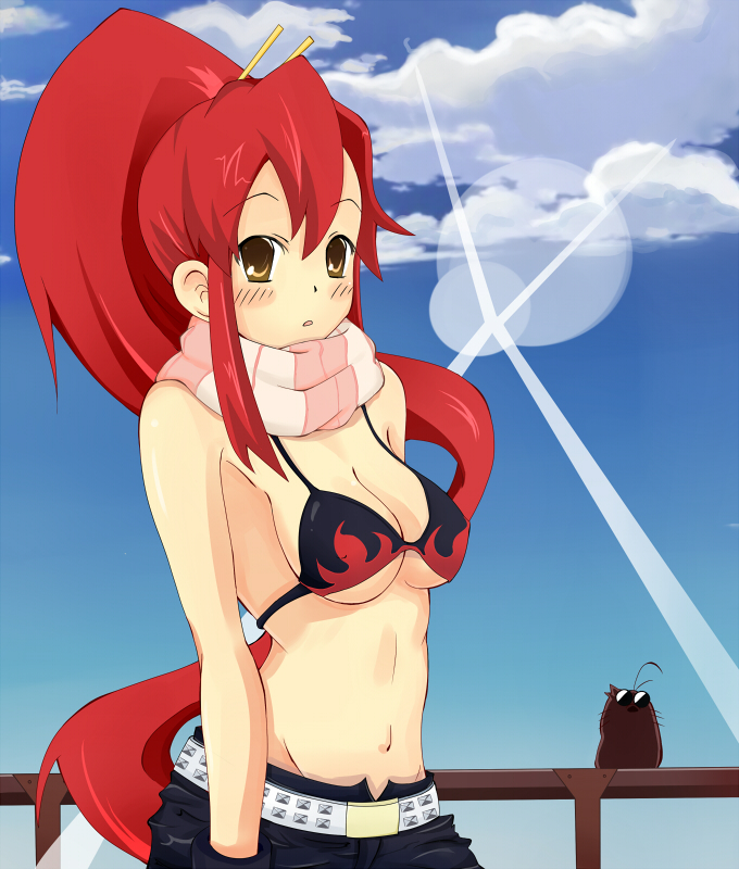 fusa otome, uruchimai, yoko littner, tengen toppa gurren lagann, bad id, bad pixiv id, 00s, 1girl, bikini, bikini top only, black bikini, blush, breasts, brown eyes, cloud, day, female focus, long hair, medium breasts, ponytail, red hair, scarf, short shorts, shorts, solo, striped clothes, striped scarf, swimsuit, underboob