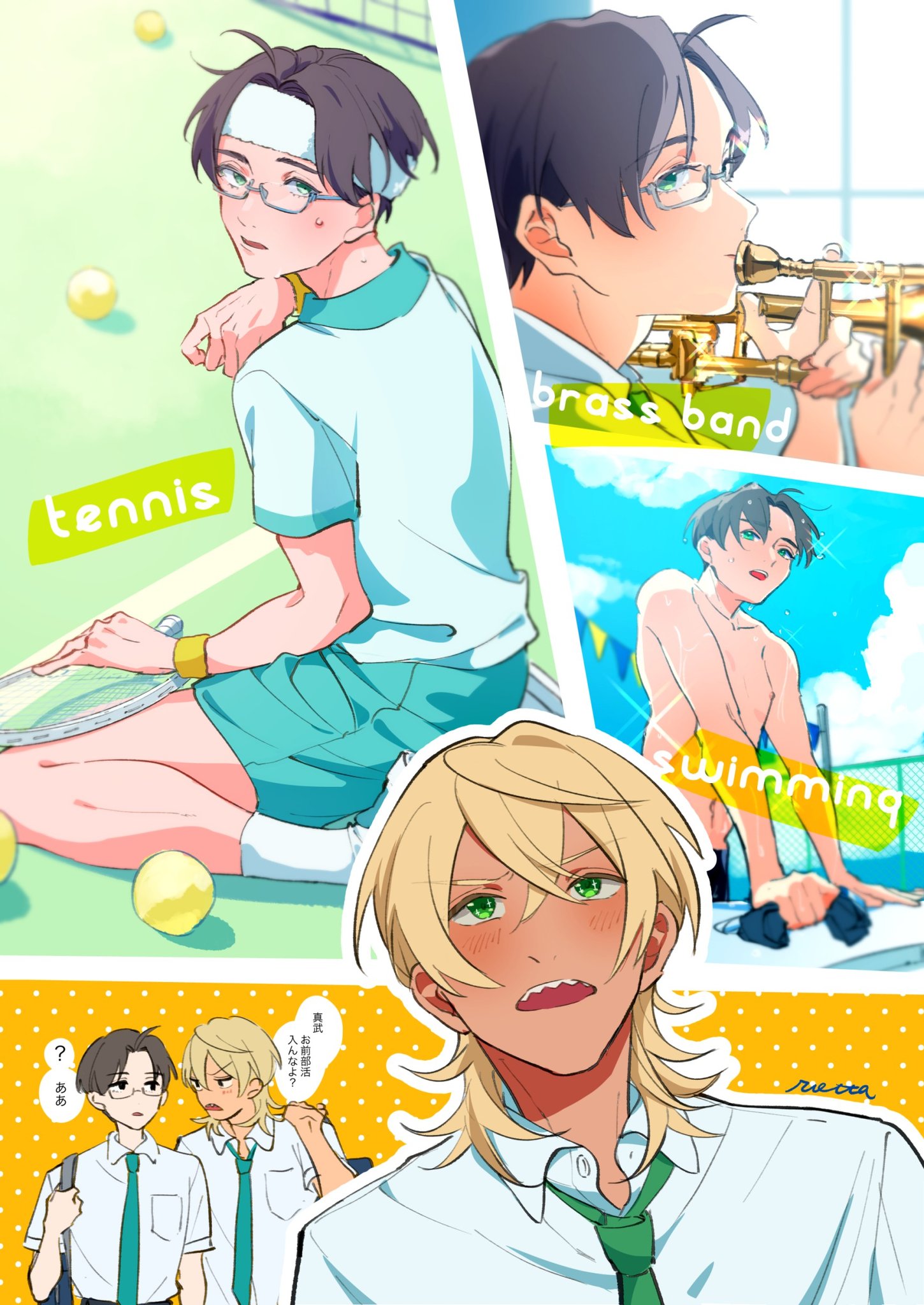 akutsu mabu, niiboshi reo, sarazanmai, highres, translation request, 2boys, ball, black hair, blonde hair, blue necktie, blue shorts, blush, collared shirt, green necktie, headband, instrument, male focus, multiple boys, multiple views, necktie, open mouth, rectangular eyewear, shaaark rotta03, sharp teeth, shirt, short hair, shorts, socks, speech bubble, swimming, tan, teeth, tennis ball, trombone, white headband, white socks