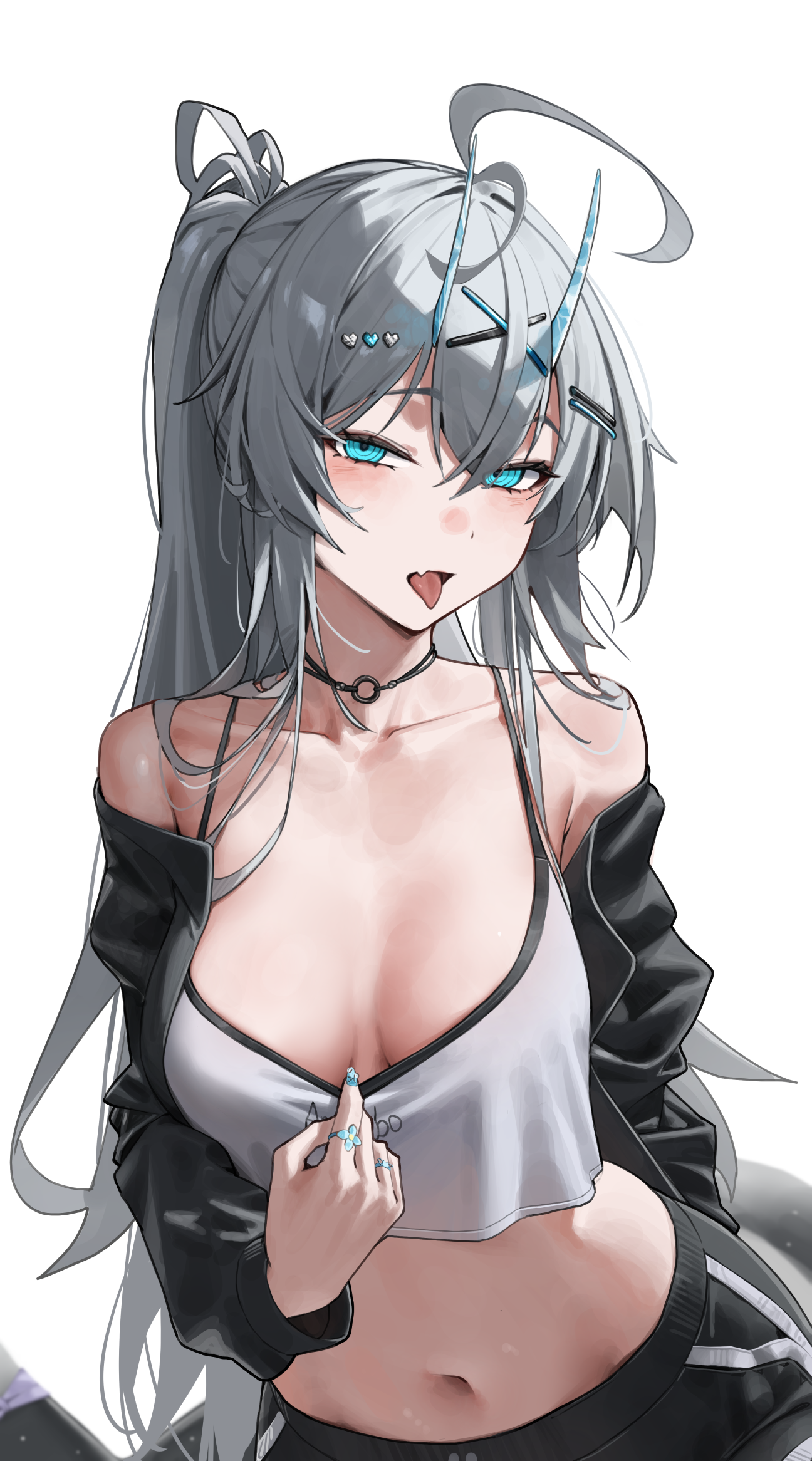 mizoshi-x, original, commentary, commission, highres, 1girl, :p, ahoge, aqua nails, black choker, blue eyes, breasts, choker, cleavage, collarbone, fingernails, grey hair, hair ornament, long hair, looking at viewer, medium breasts, midriff, nail polish, navel, open mouth, tongue, tongue out, x hair ornament