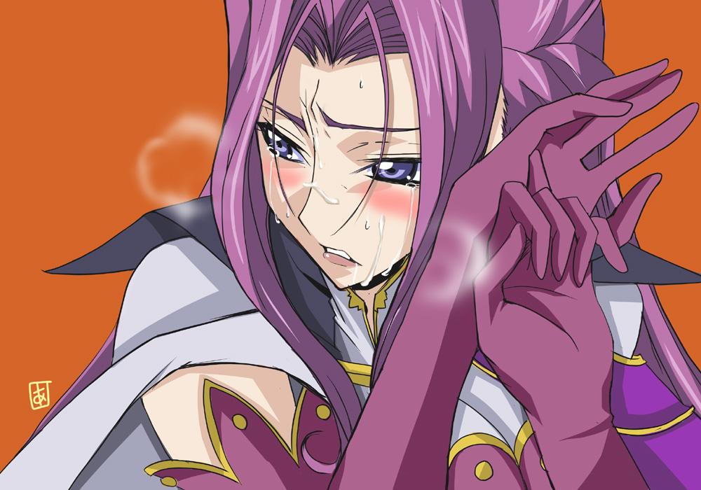 aoi manabu, cornelia li britannia, code geass, 00s, 1girl, blue eyes, blush, cum, cum on body, elbow gloves, embarrassed, facial, female focus, gloves, lipstick, long hair, makeup, purple hair, solo, tears