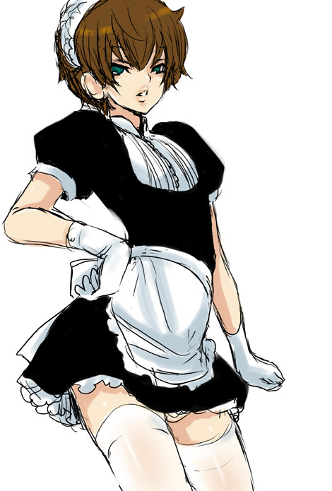 shiraishi asuka, kururugi suzaku, code geass, 00s, 1boy, alternate costume, brown hair, crossdressing, crossdressing (mtf), enmaided, gloves, green eyes, maid, male focus, male maid, short hair, simple background, solo, thighhighs