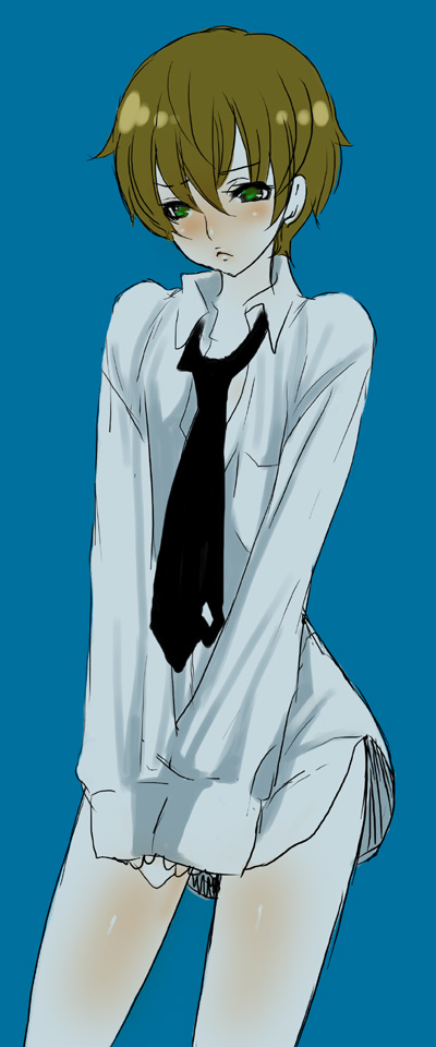 shiraishi asuka, kururugi suzaku, code geass, 00s, 1boy, blush, bottomless, brown hair, green eyes, male focus, necktie, short hair, simple background, solo