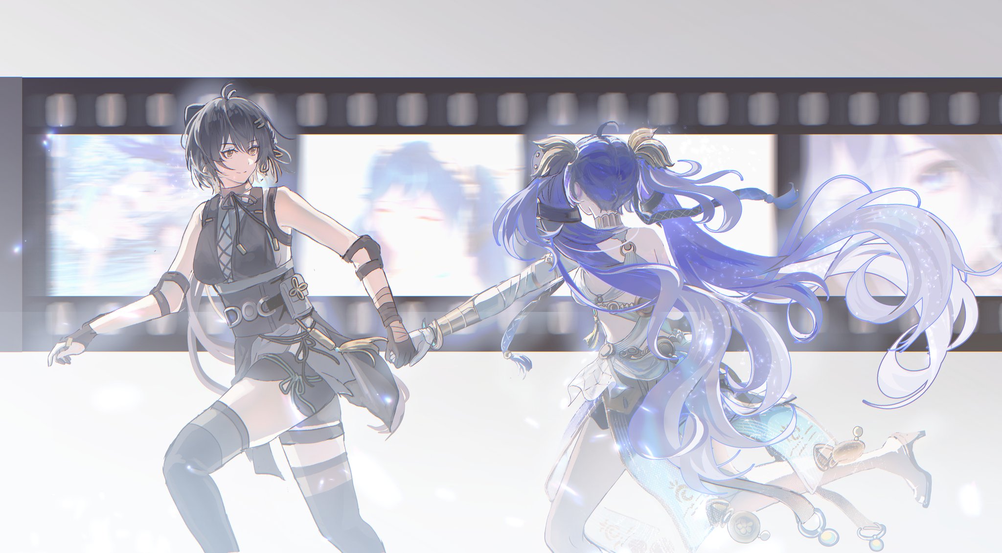 minglu (gululu), female rover (wuthering waves), iuno (wuthering waves), rover (wuthering waves), wuthering waves, commentary, hashtag-only commentary, highres, 2girls, bare shoulders, black dress, black hair, black shorts, blue hair, breasts, closed mouth, cross-laced clothes, cross-laced dress, dress, elbow pads, film reel, hair belt, hair ribbon, hand grab, long hair, looking at another, medium breasts, multiple girls, ribbon, running, shorts, sleeveless, sleeveless dress, smile, thighs, twintails, vambraces, very long hair, yellow eyes, yellow ribbon