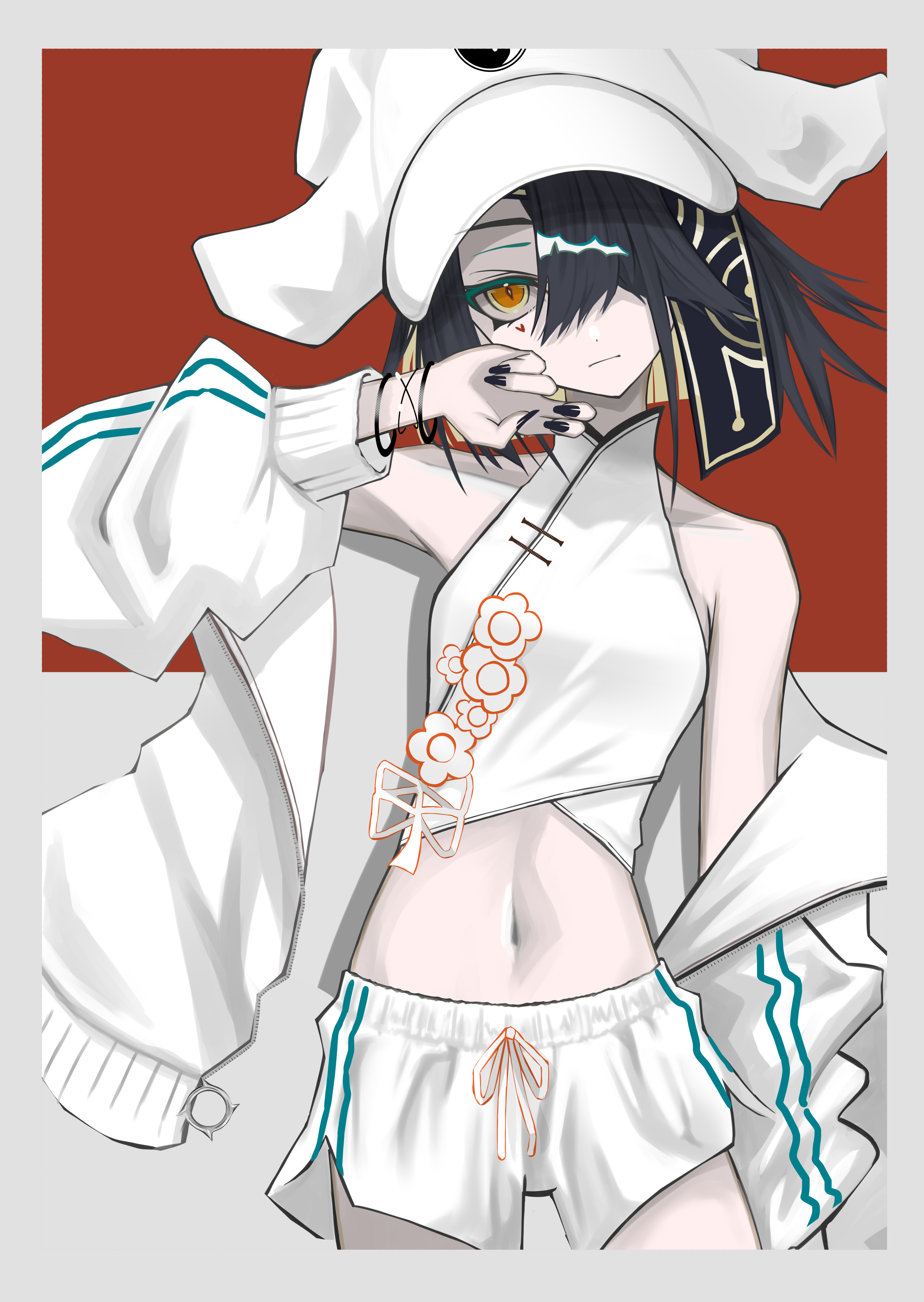 tsukaasa, xu fu (fate), xu fu (swimsuit avenger) (third ascension) (fate), fate/grand order, fate (series), absurdres, commentary request, highres, 1girl, bare shoulders, black hair, black nails, border, breasts, closed mouth, cowboy shot, crop top, fingernails, grey background, grey border, hair over one eye, hand up, hat, jacket, jacket partially removed, long sleeves, looking at viewer, midriff, nail polish, navel, orange eyes, red background, short hair, shorts, small breasts, solo, two-tone background, white hat, white jacket, white shorts