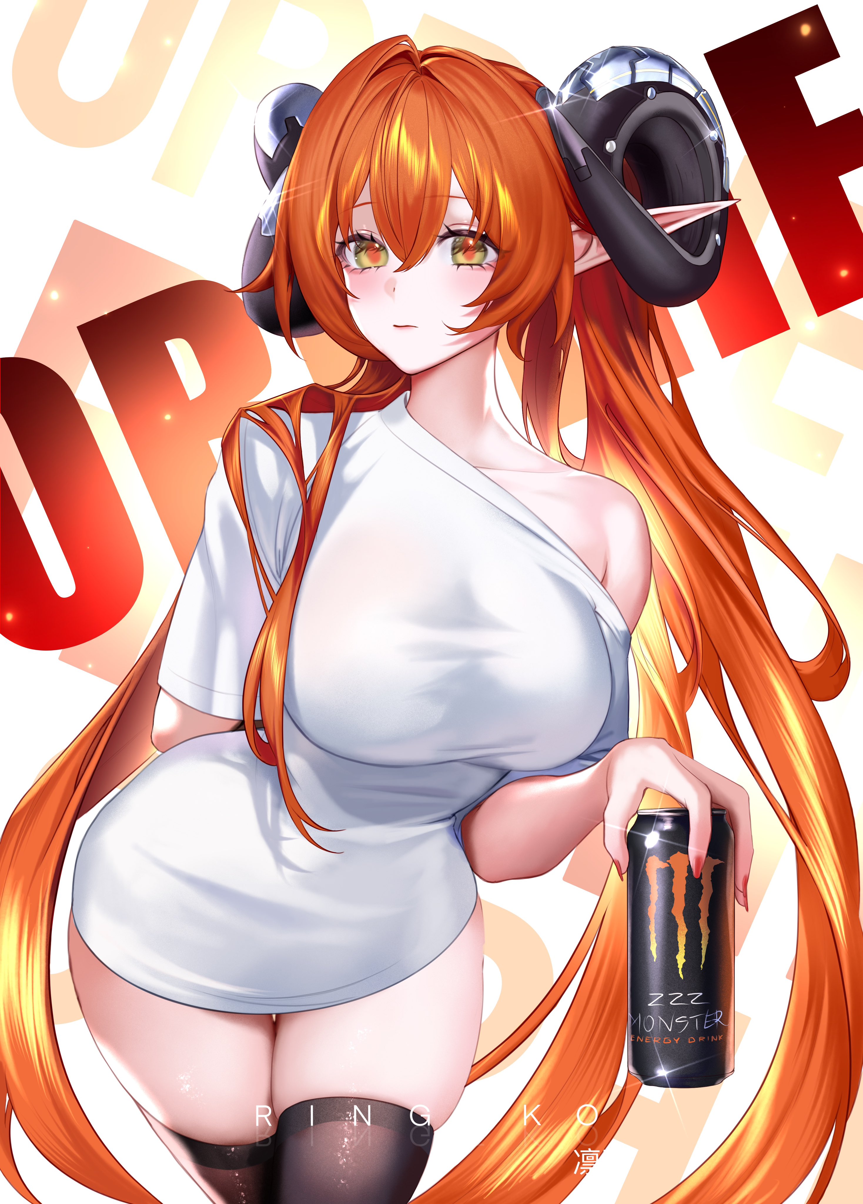 ringeko-chan, orphie magnusson, monster energy, zenless zone zero, absurdres, commentary, highres, paid reward available, 1girl, alternate costume, arm behind back, artist name, black thighhighs, blush, breasts, can, character name, closed mouth, cowboy shot, dragon horns, drink can, fingernails, hair between eyes, holding, holding can, horns, large breasts, leaning forward, long fingernails, long hair, long pointy ears, looking at viewer, mechanical horns, nail polish, orange hair, pointy ears, red nails, red pupils, sharp fingernails, shirt, sidelocks, single bare shoulder, single off shoulder, solo, thighhighs, thighs, very long hair, white shirt, yellow eyes