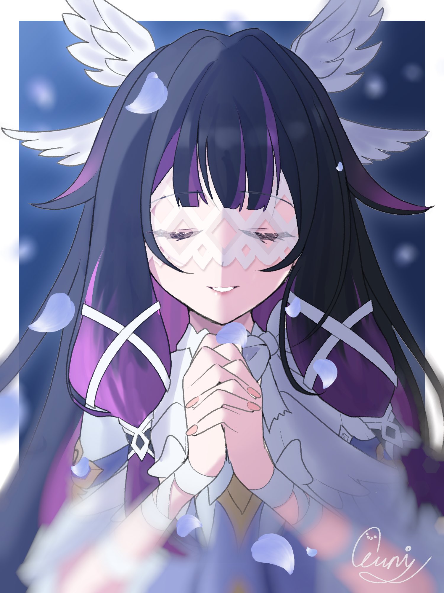 columbina (genshin impact), genshin impact, commentary request, highres, 1girl, black hair, closed eyes, dress, eye mask, facing viewer, falling petals, head wings, long hair, multicolored hair, ouni 56, own hands clasped, own hands together, parted lips, petals, pink hair, ribbon, signature, smile, solo, two-tone hair, upper body, white dress, white ribbon, white wings, wings