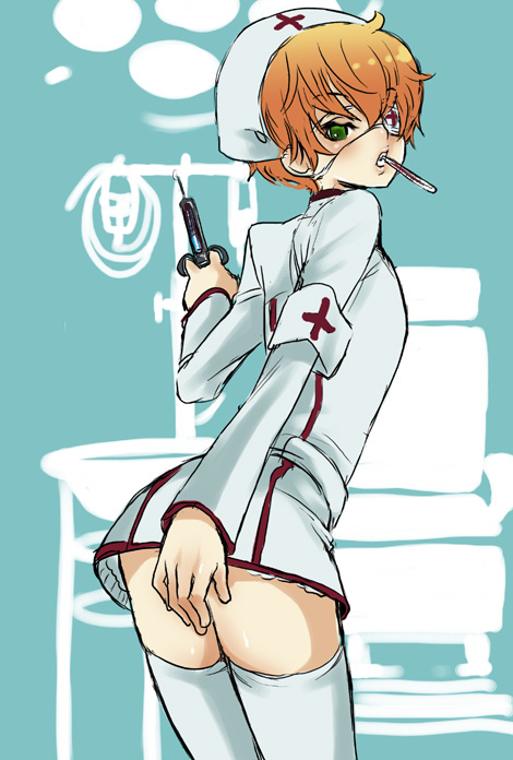 shiraishi asuka, kururugi suzaku, code geass, 00s, 1boy, ass, bent over, blush, bottomless, brown hair, crossdressing, crossdressing (mtf), green eyes, male focus, nurse, short hair, skirt, solo, thighhighs, trap