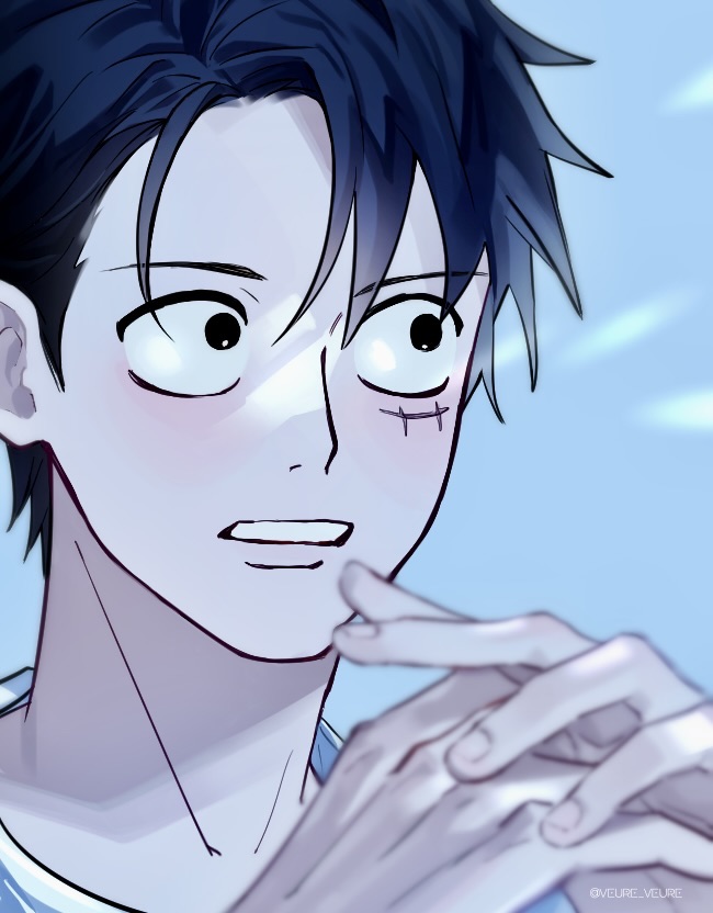 mxhxkxcx, monkey d. luffy, one piece, hashtag-only commentary, 1boy, black eyes, black hair, blue background, fingernails, looking ahead, male focus, own hands together, parted lips, scar, scar on face, shirt, short hair, solo, twitter username, upper body, white shirt