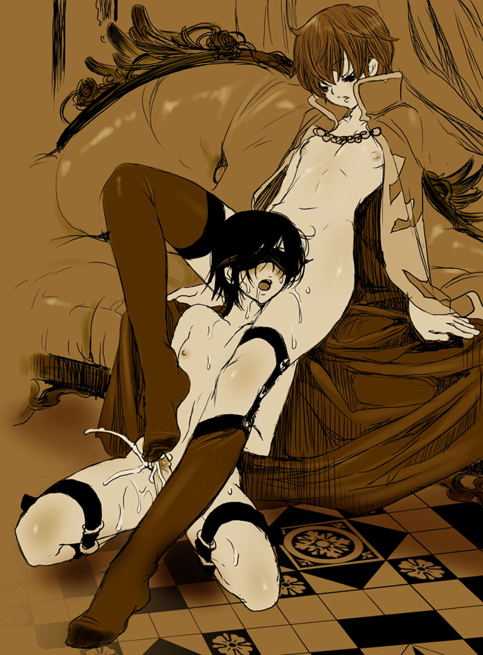shiraishi asuka, kururugi suzaku, lelouch vi britannia, code geass, 00s, 2boys, bdsm, black hair, blindfold, blush, bondage, bound, brown hair, cape, cum, feet, footjob, footjob with legwear, frogtie, legwear garter, male focus, monochrome, multiple boys, nipples, penis, rape, short hair, sketch, spread legs, thighhighs, uncensored, yaoi