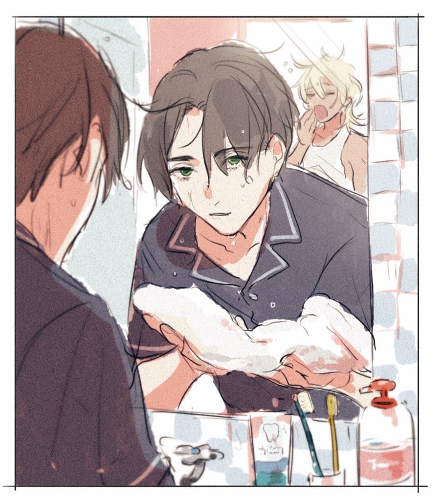 akutsu mabu, niiboshi reo, sarazanmai, 2boys, black shirt, blonde hair, border, collarbone, green eyes, hair between eyes, male focus, messy hair, mirror, morning, multiple boys, shaaark rotta03, shirt, short hair, sink, sleepy, soap, tank top, toothpaste, towel, white border, white tank top, yawning