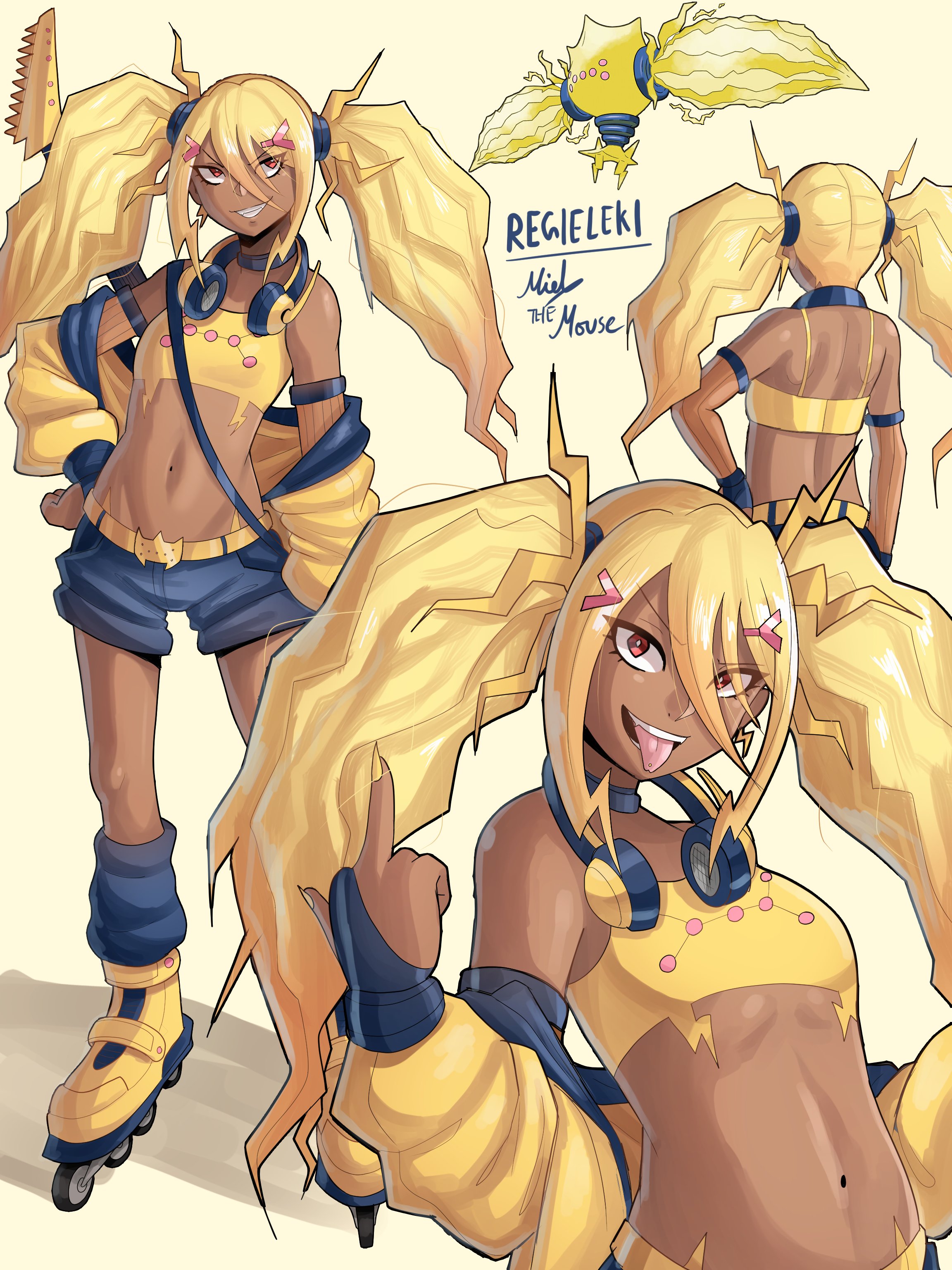 regieleki, nintendo, pokemon, absurdres, highres, 1girl, bare shoulders, belt, black shorts, blonde hair, choker, crop top, dark-skinned female, dark skin, detached sleeves, gen 8 pokemon, grin, hair between eyes, headphones, headphones around neck, humanization, legendary pokemon, middle finger, midriff, navel, orange eyes, personification, pokemon (creature), roller skates, shorts, skates, smile, solo, theartistmouse, tongue, tongue out, twintails, yellow nails