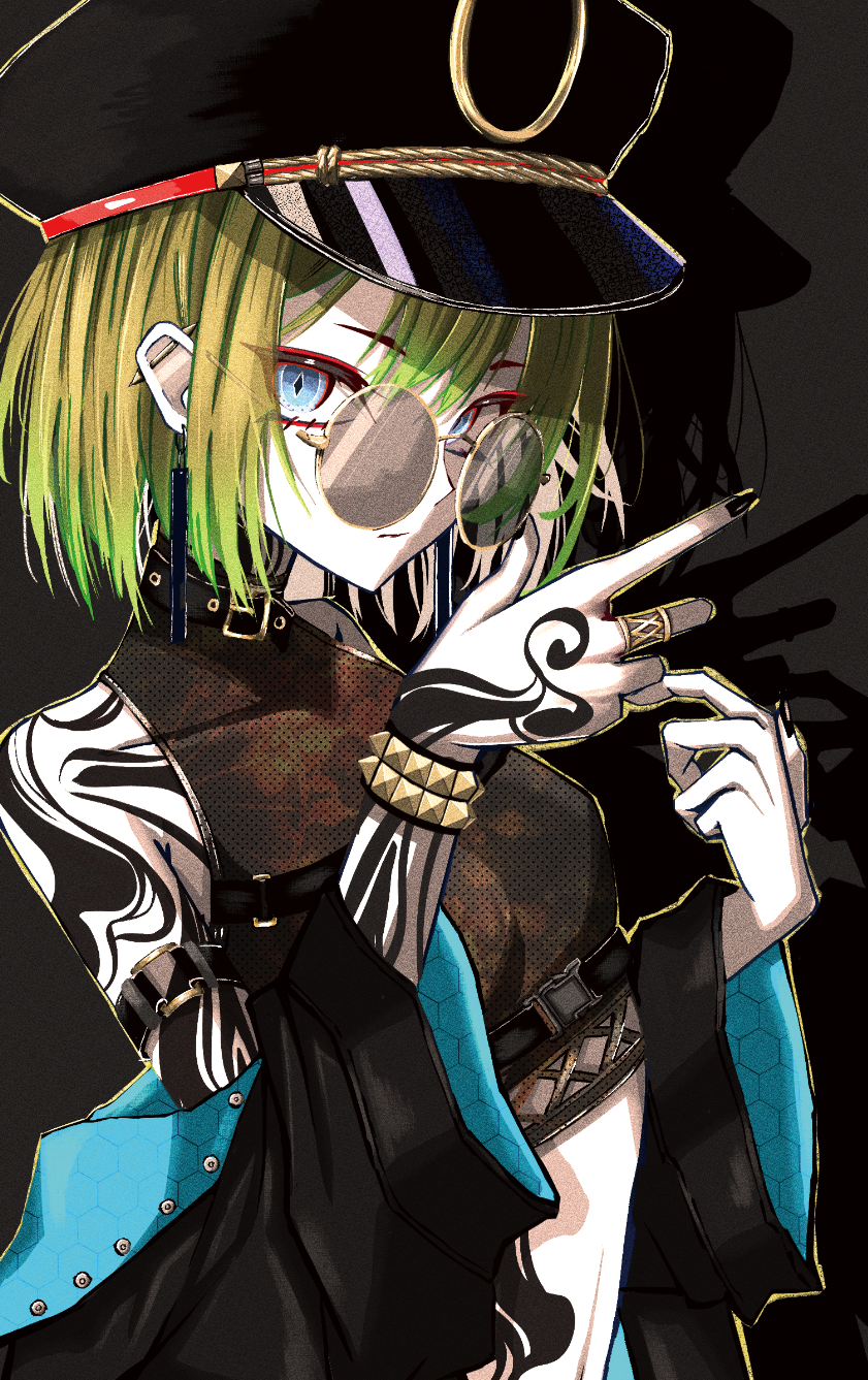 tsukaasa, comiket 105, original, commentary request, highres, 1girl, arm tattoo, black background, black hat, black nails, black shirt, blue eyes, breasts, closed mouth, crop top, cropped shirt, double-parted bangs, drop shadow, eyeliner, fingernails, green hair, hand tattoo, hat, jewelry, looking at viewer, makeup, multiple tattoos, nail polish, peaked cap, red eyeliner, ring, round eyewear, shirt, short hair, simple background, sleeveless, sleeveless shirt, small breasts, solo, tattoo, upper body
