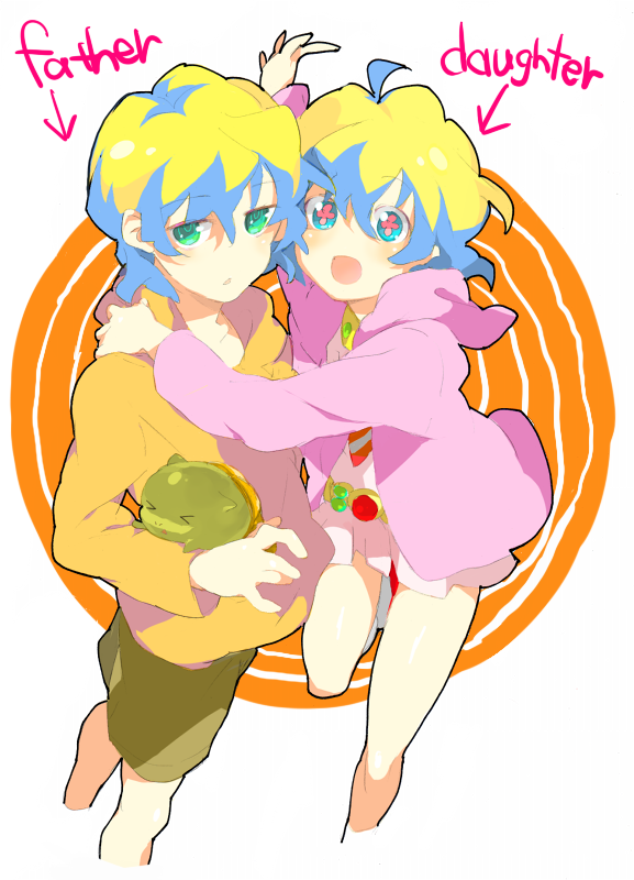kazuko, guame, lordgenome, nia teppelin, tengen toppa gurren lagann, tengen toppa gurren lagann: parallel works, bad id, bad pixiv id, 00s, age difference, aged down, ahoge, father and daughter, green eyes, hood, hoodie, multicolored hair, short hair, time paradox