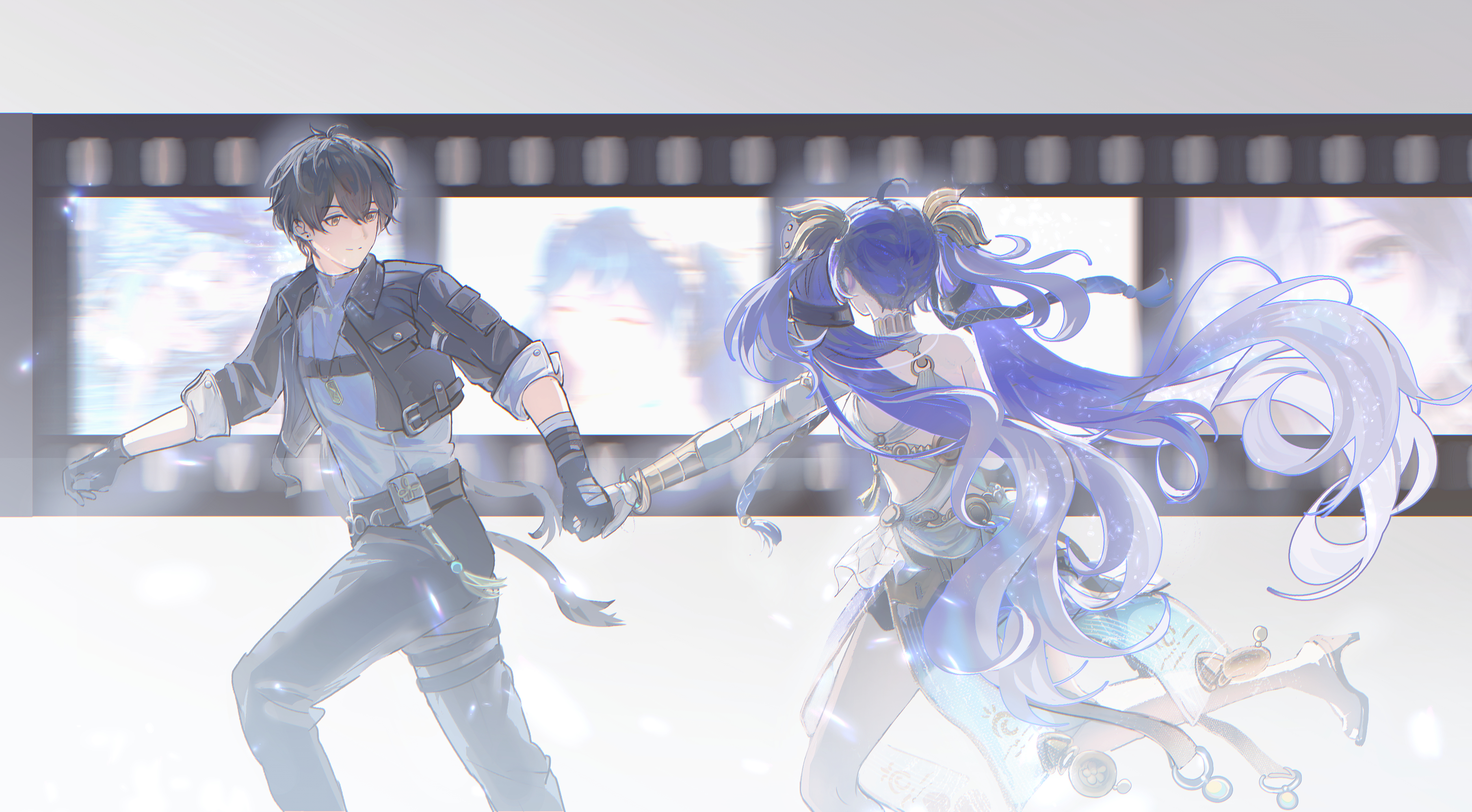minglu (gululu), iuno (wuthering waves), male rover (wuthering waves), rover (wuthering waves), wuthering waves, absurdres, highres, 1boy, 1girl, bare shoulders, black gloves, black hair, black jacket, black pants, blue hair, breasts, closed mouth, collared jacket, film reel, gloves, grey shirt, hair belt, hand grab, jacket, long hair, looking at another, medium breasts, missing commentary, pants, running, shirt, sleeves rolled up, smile, twintails, vambraces, very long hair, yellow eyes