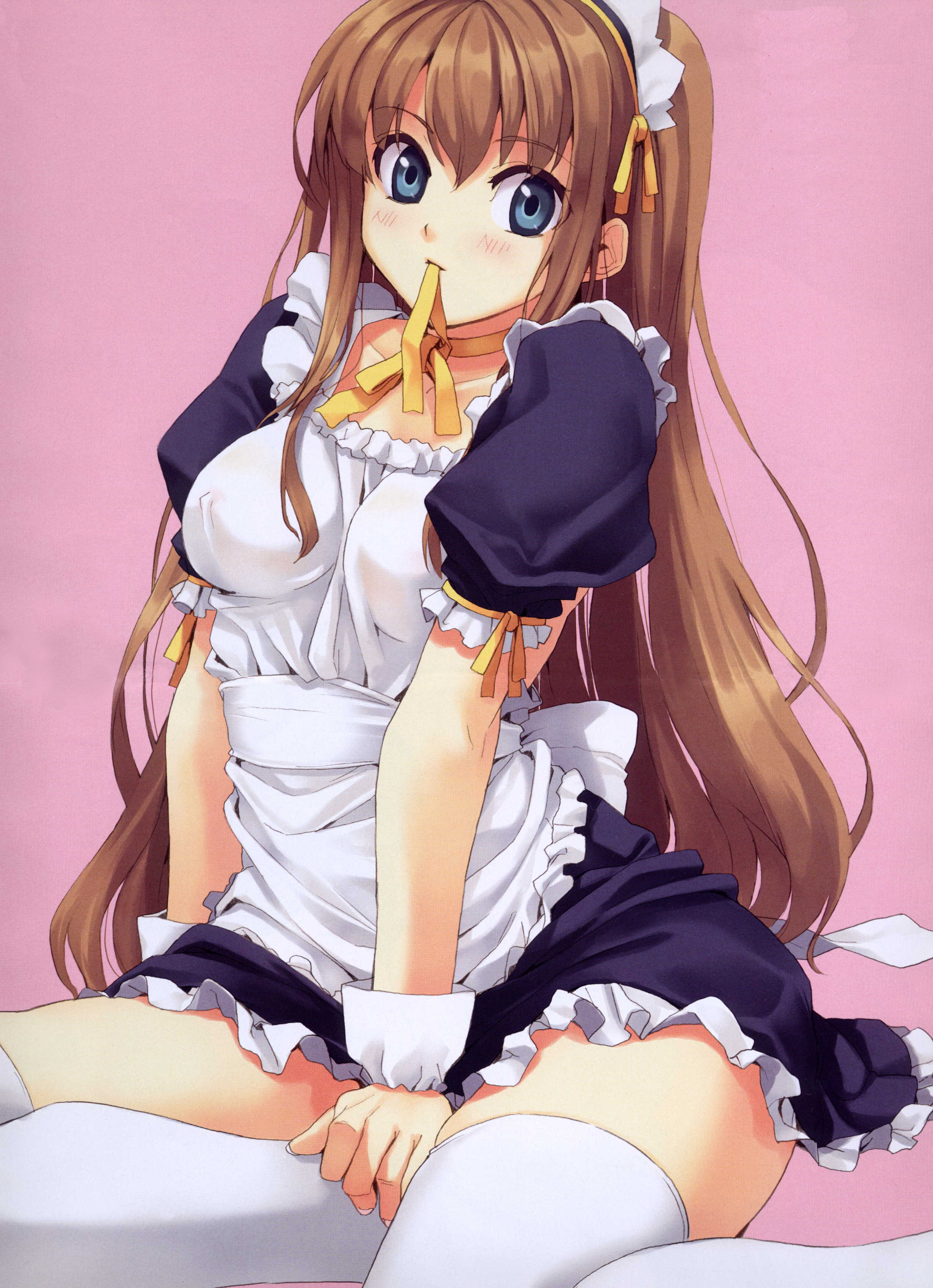 luna (reclaimed land), original, absurdres, highres, scan, 1girl, blue eyes, brown hair, female focus, headdress, long hair, maid, mouth hold, pink background, simple background, sitting, solo, thighhighs, white thighhighs, wrist cuffs, yokozuwari