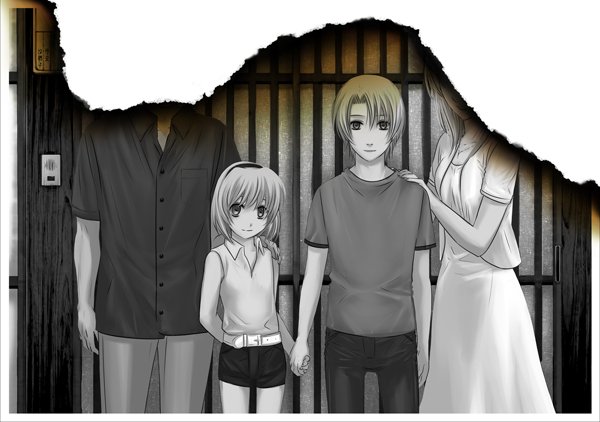 3u, houjou satoko, houjou satoshi, higurashi no naku koro ni, bad id, bad pixiv id, 00s, 2boys, 2girls, greyscale, holding hands, monochrome, multiple boys, multiple girls, photo (object)