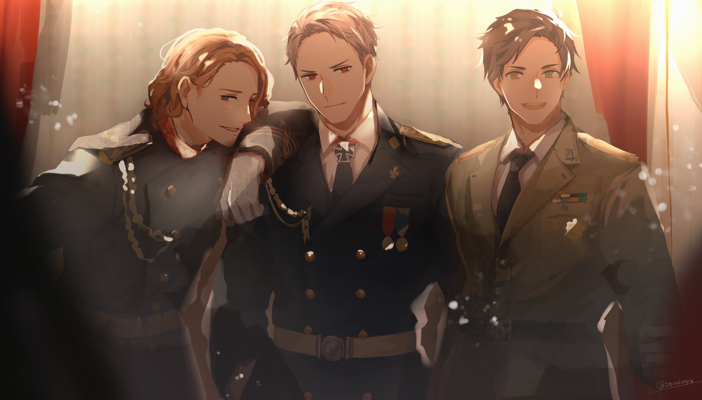 nijuurokucha, france (hetalia), prussia (hetalia), spain (hetalia), axis powers hetalia, highres, 3boys, aiguillette, artist name, belt, black belt, black jacket, black necktie, blonde hair, brown hair, buttons, closed mouth, collared shirt, cross, curtains, facial hair, gloves, green eyes, grey hair, grey jacket, hand on another's shoulder, hand on own hip, hand up, hands in pockets, indoors, iron cross, jacket, lapels, long sleeves, looking at viewer, male focus, medal, military jacket, military uniform, multiple boys, necktie, open mouth, purple eyes, red eyes, shirt, short hair, smile, standing, teeth, v-shaped eyebrows, white gloves, white shirt, yellow belt
