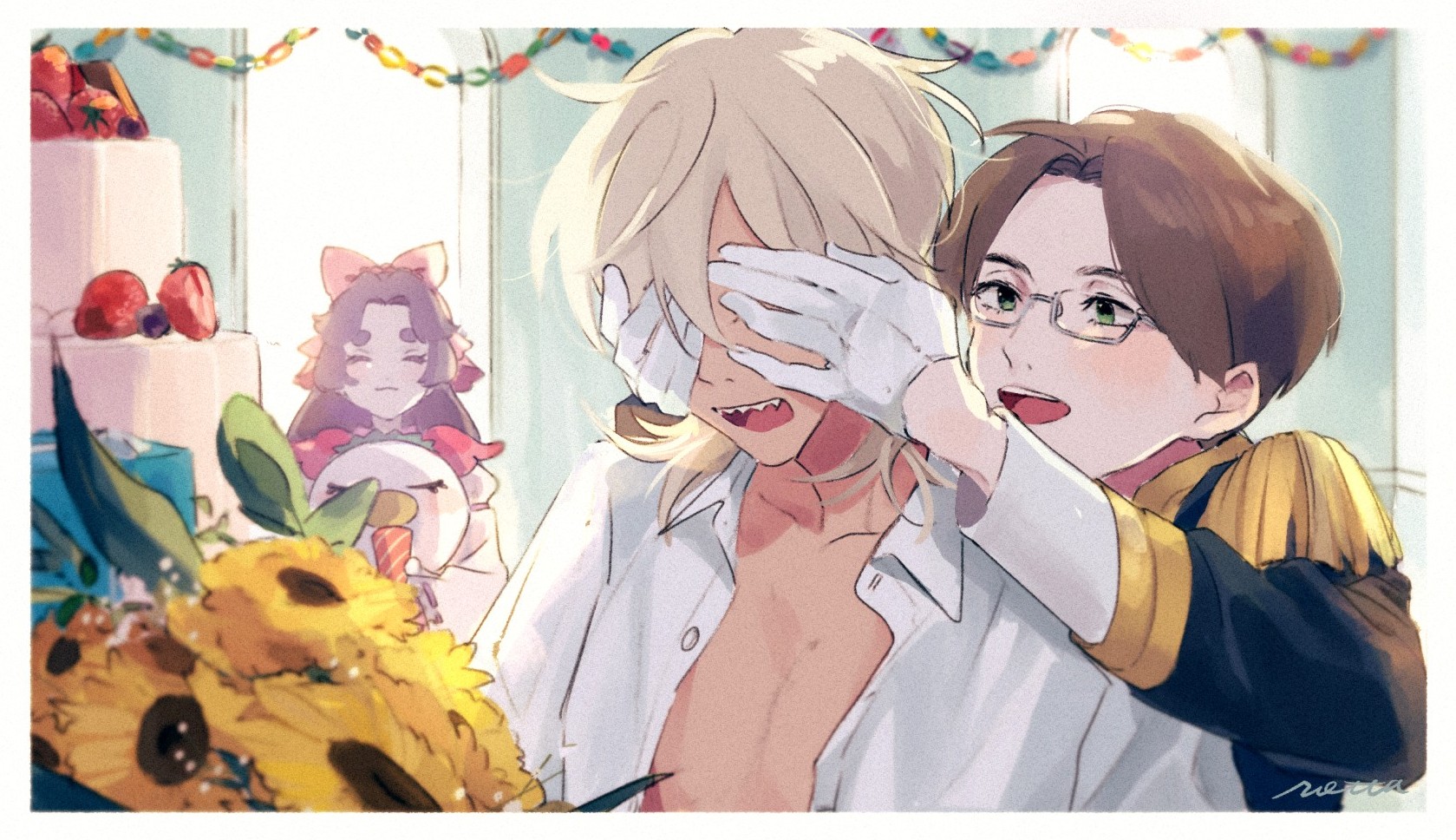 akutsu mabu, azuma sara, keppi, niiboshi reo, sarazanmai, commentary request, highres, 1girl, 2boys, black jacket, blonde hair, brown hair, collarbone, covering another's eyes, drinking, epaulettes, flower, food, fruit, gloves, jacket, male focus, multiple boys, open clothes, open mouth, open shirt, shaaark rotta03, sharp teeth, shirt, short hair, strawberry, sunflower, teeth, upper body, white gloves, white shirt, window, yellow flower