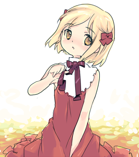 furo-san, takano miyo, tanashi miyoko, higurashi no naku koro ni, 00s, 1girl, aged down, blonde hair, blush, bow, brown eyes, child, dress, female focus, hair bow, open mouth, red bow, red dress, ribbon, short hair, solo